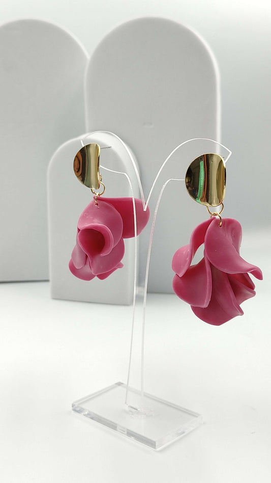 Orecchini Pendenti Petali di Peonia | Fucsia Vibrante e Oro