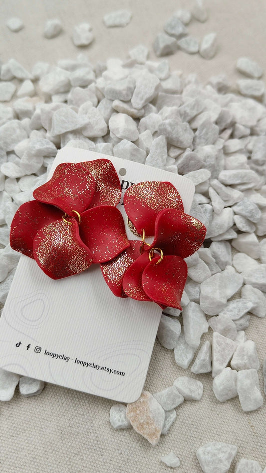 Orecchini Pendenti Fiamma Dorata | Rosso Scarlatto e Glitter Oro