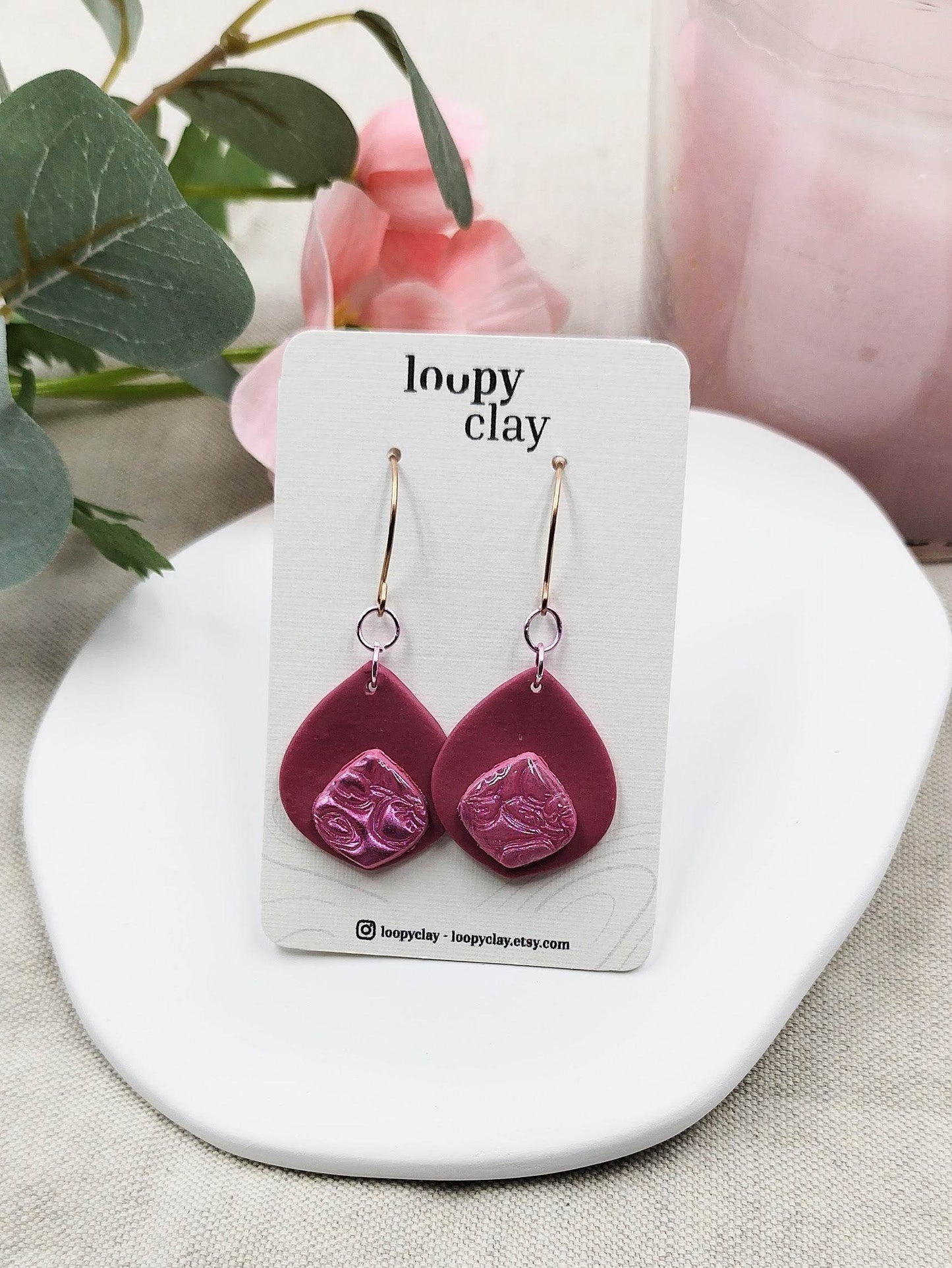 Orecchini pendenti a goccia rosa antico effetti perlato - Loopy Clay