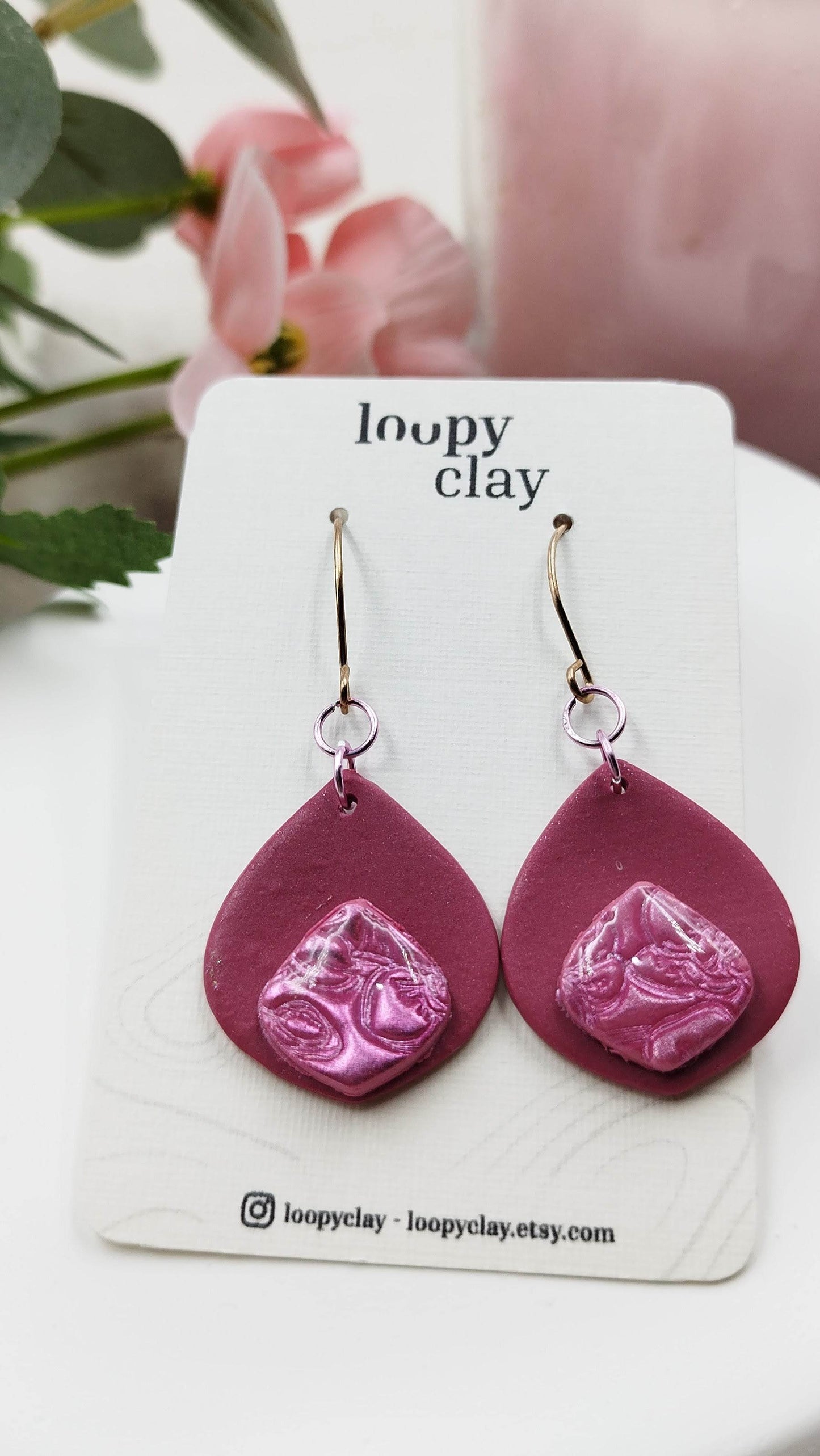 Orecchini pendenti a goccia rosa antico effetti perlato - Loopy Clay