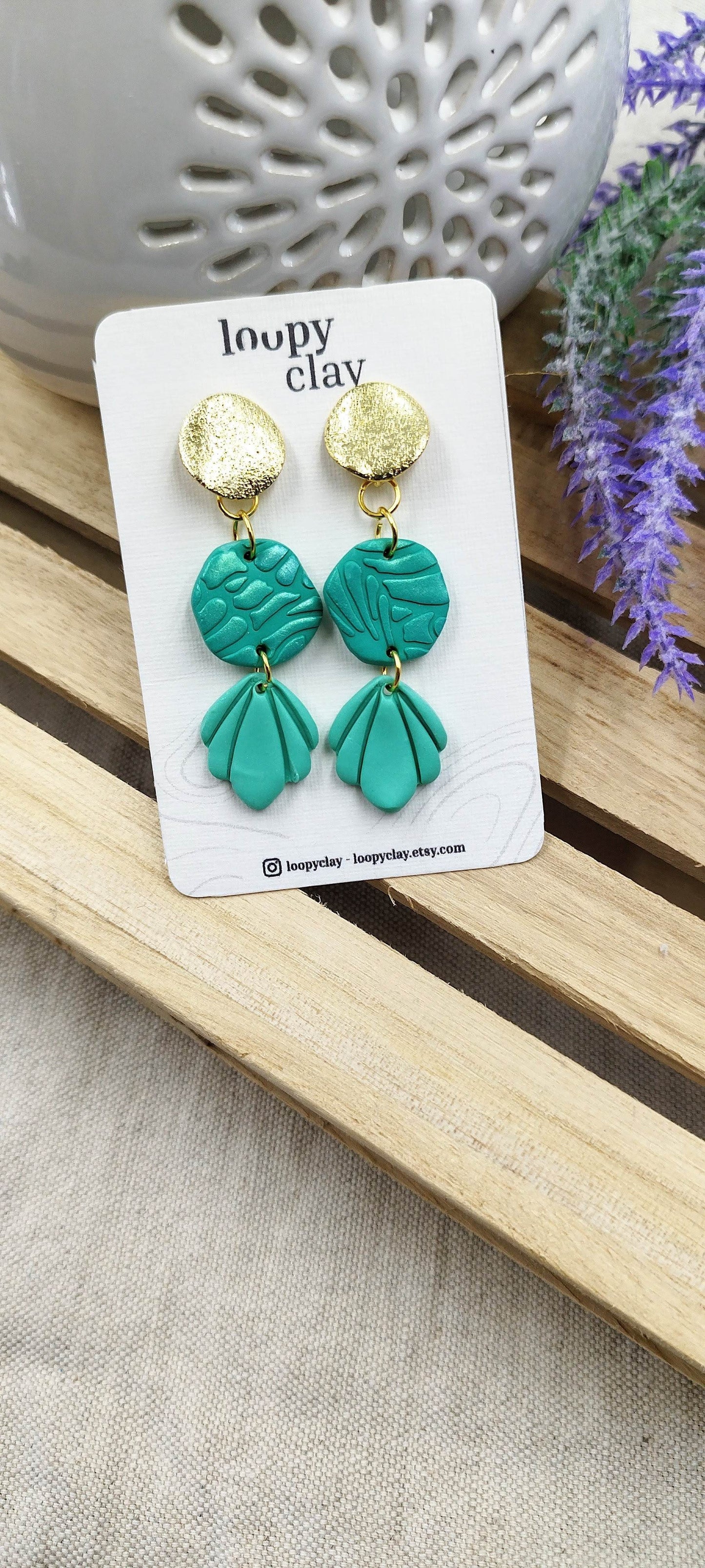 Orecchini pendenti turchesi e oro, effetto perlato - Loopy Clay