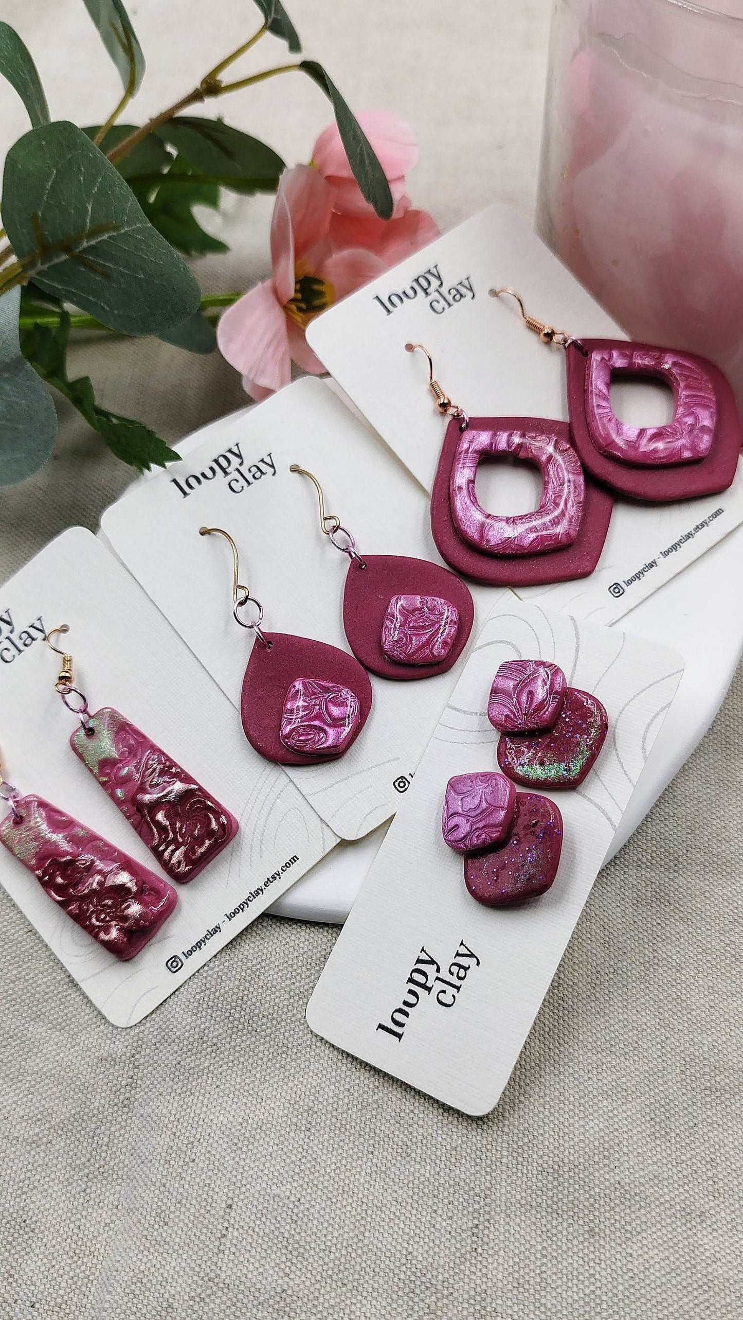 Orecchini pendenti a goccia rosa antico effetti perlato - Loopy Clay