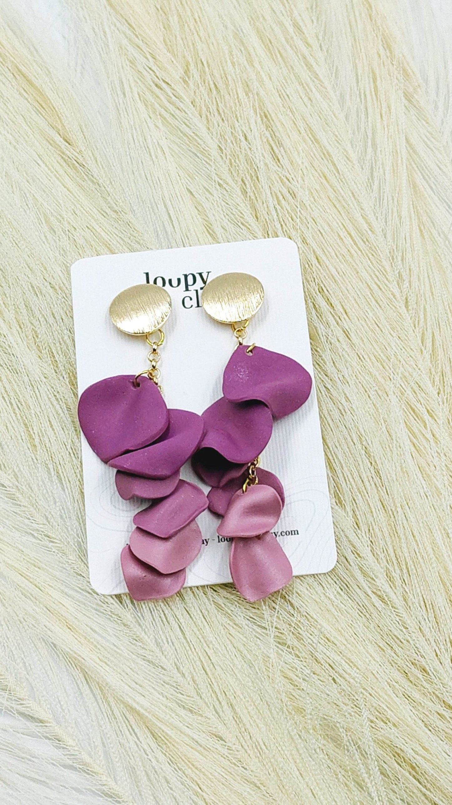 Orecchini petali di fiore primaverile, viola rosa e bianco - Loopy Clay