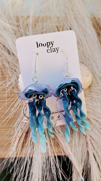 Orecchini Medusa Blu Intenso Pendenti Trasparenze Fluttuanti