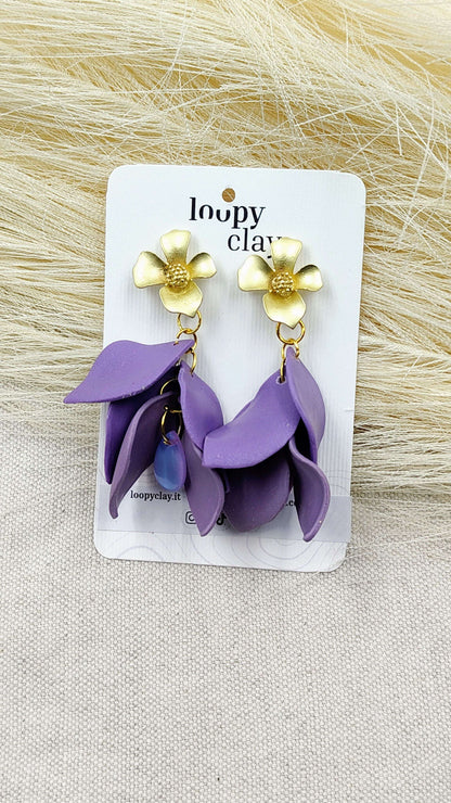 Orecchini pendenti Sogni di Primavera | Petali Viola e Fiori Dorati