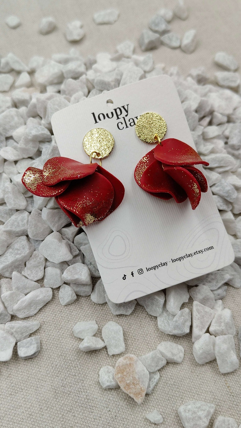 Orecchini Pendenti Fiamma Dorata | Rosso Scarlatto e Glitter Oro