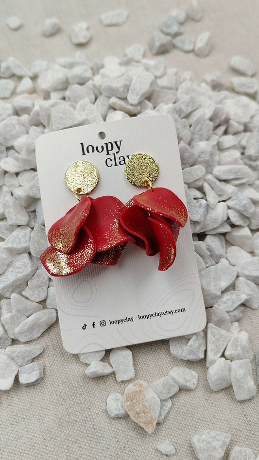 Orecchini Pendenti Fiamma Dorata | Rosso Scarlatto e Glitter Oro