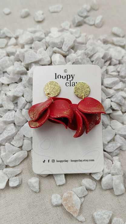 Orecchini Pendenti Fiamma Dorata | Rosso Scarlatto e Glitter Oro