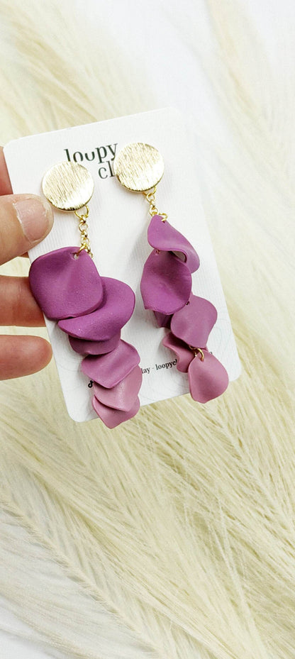 Orecchini petali di fiore primaverile, viola rosa e bianco