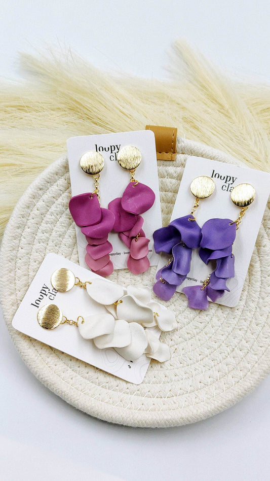 Orecchini petali di fiore primaverile, viola rosa e bianco - Loopy Clay