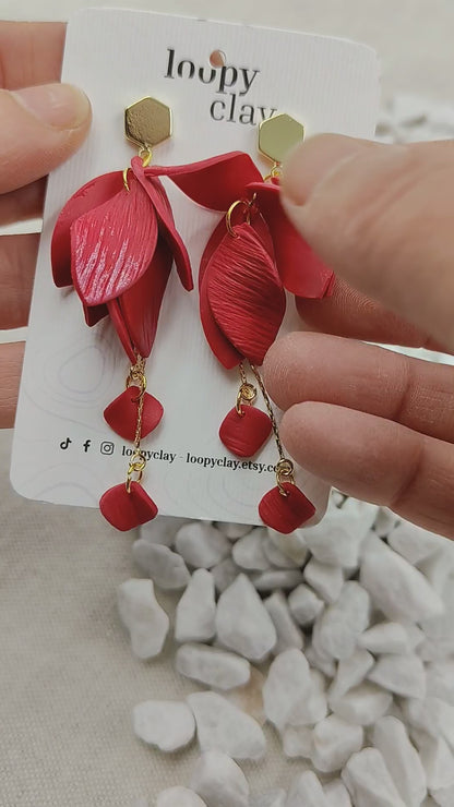Ruby Petal Drop Earrings | Scarlet Red and Gold