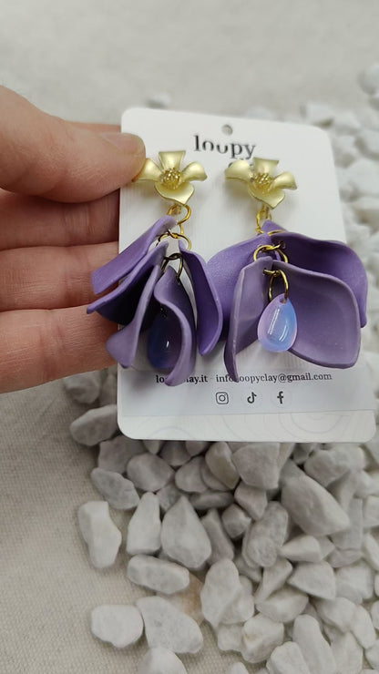 Drop Earrings Spring Dreams | Purple Petals and Golden Flowers